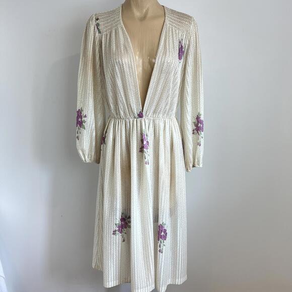 vintage Dresses & Skirts - Vintage Mr. Edward S / M Cream Cottagecore Midi Dress Plunge V Neck Pleated Purp